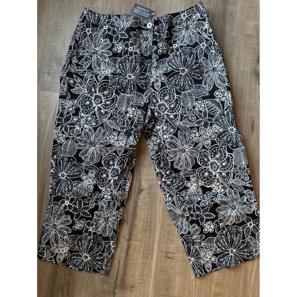 Chicos Additions Maui Motif Wave Crop Pants Black White Floral Size 3 XL NWT